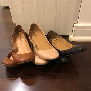 Three Pairs Ballerina Flats Brown, Nude, Black